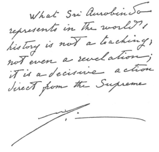 Frase manuscrita da Mãe sobre Sri Aurobindo